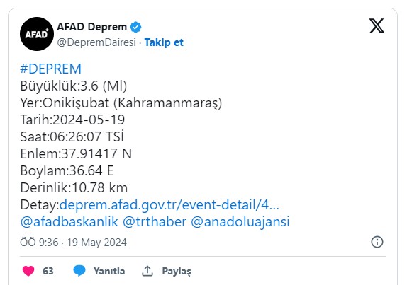 Kahramanmaraş'ta 3.6 Büyüklüğünde Bir Deprem Meydana Geldi