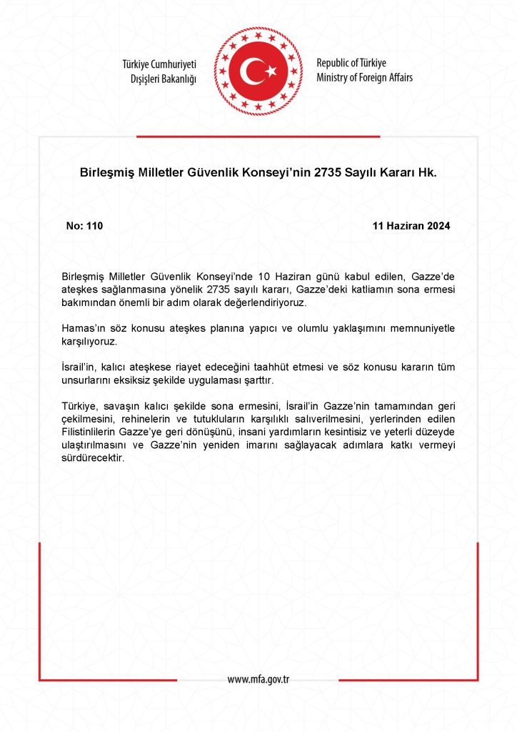 Dışişleri, BMGK'nın Gazze Kararını Değerlendirdi