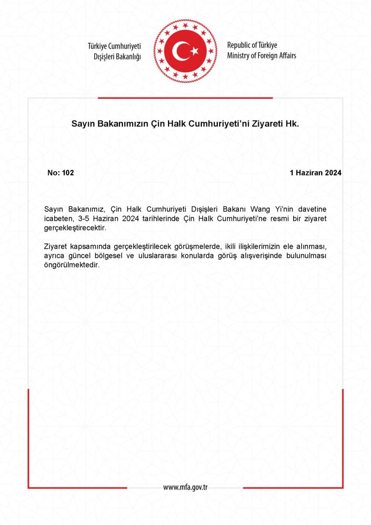 Dışişleri Bakanı Fidan, Çin'i Ziyaret Edecek