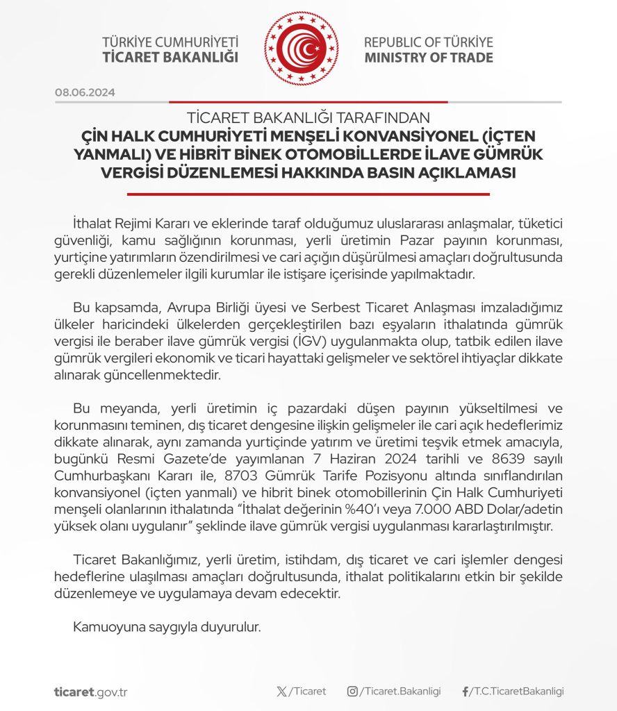 Çin'den İthal Edilen Otomobillere Ek Vergi Geliyor