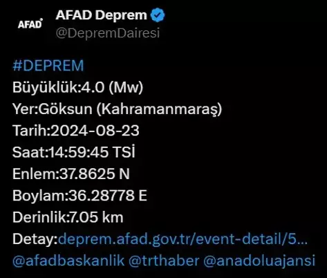 Kahramanmaraş'ta Deprem mi Oldu? Kaç Büyüklüğünde? Saat Kaçta? (23 Temmuz 2024)