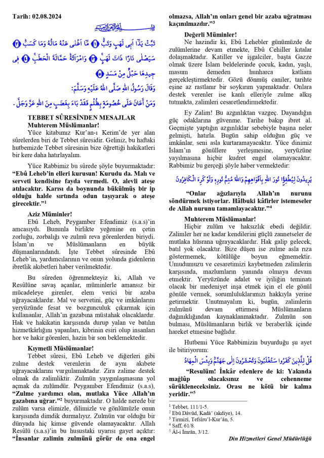 2 Ağustos 2024 Cuma Hutbesi Yayınlandı!