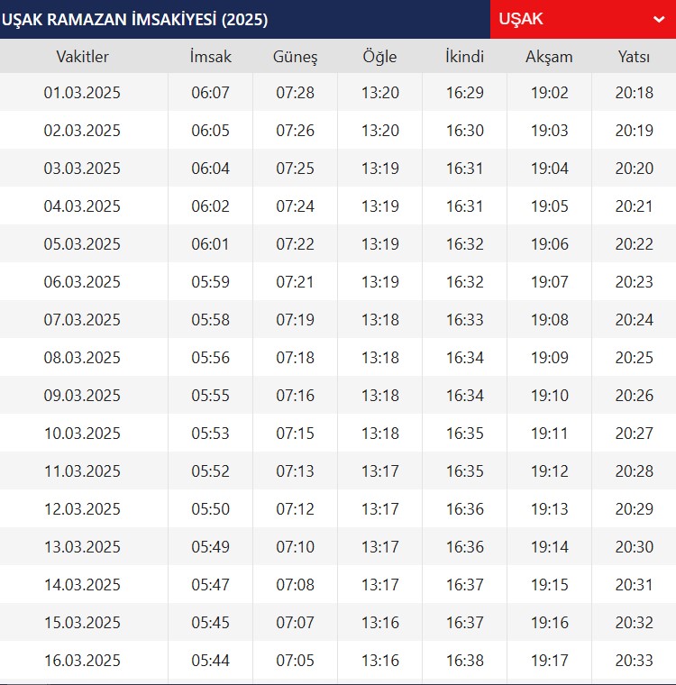 2025 Uşak Ramazan İmsakiye! Bugün Uşak'ta İftar Vakti, İmsak, Sahur ve Teravih Namazı Saat Kaçta? 2025 Uşak Ramazan İmsakiye! Bugün Uşak'ta İftar Vakti, İmsak, Sahur ve Teravih Namazı Saat Kaçta?
