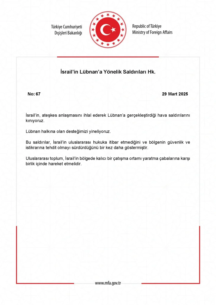 dışişleri lübnan israil kınama