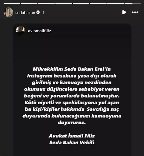 Ünlü oyuncu Seda Bakan, Instagram hesabına izinsiz erişim sağlandığını belirterek,