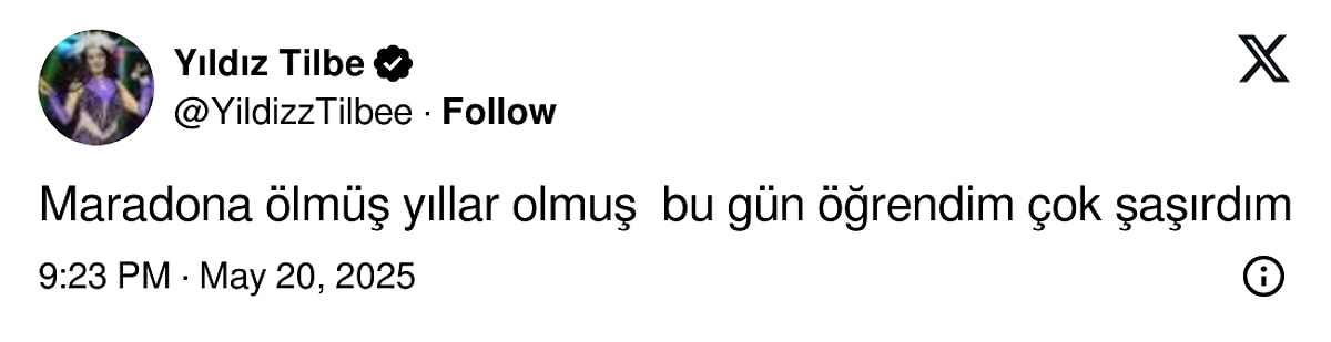 Yıldız Tilbe’den 5 Yıl Gecikmeli Maradona Tepkisi: “Bugün Öğrendim, Şaşırdım!”