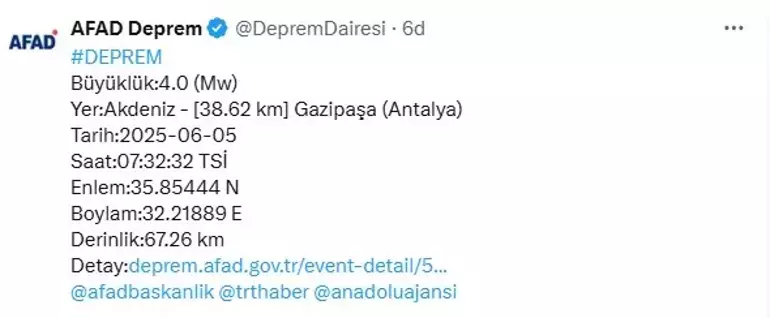Antalya Gazipaşa’da Deprem! AFAD’dan Sabah 04.32 Açıklaması ve Derinlik Verisi