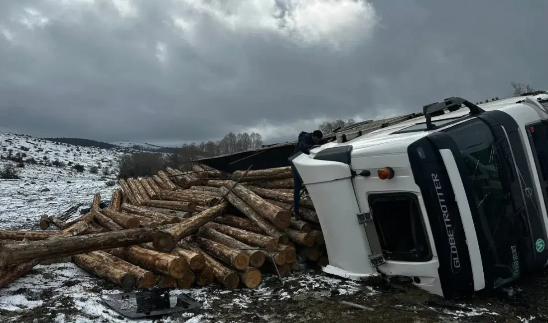 Bolu’nun Dörtdivan ilçesinde kontrolden çıkan tomruk yüklü tırın devrilmesi sonucu