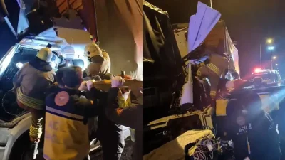 TEM Otoyolu Bolu Dağı Tüneli çıkışında kontrolden çıkan bir kamyonun