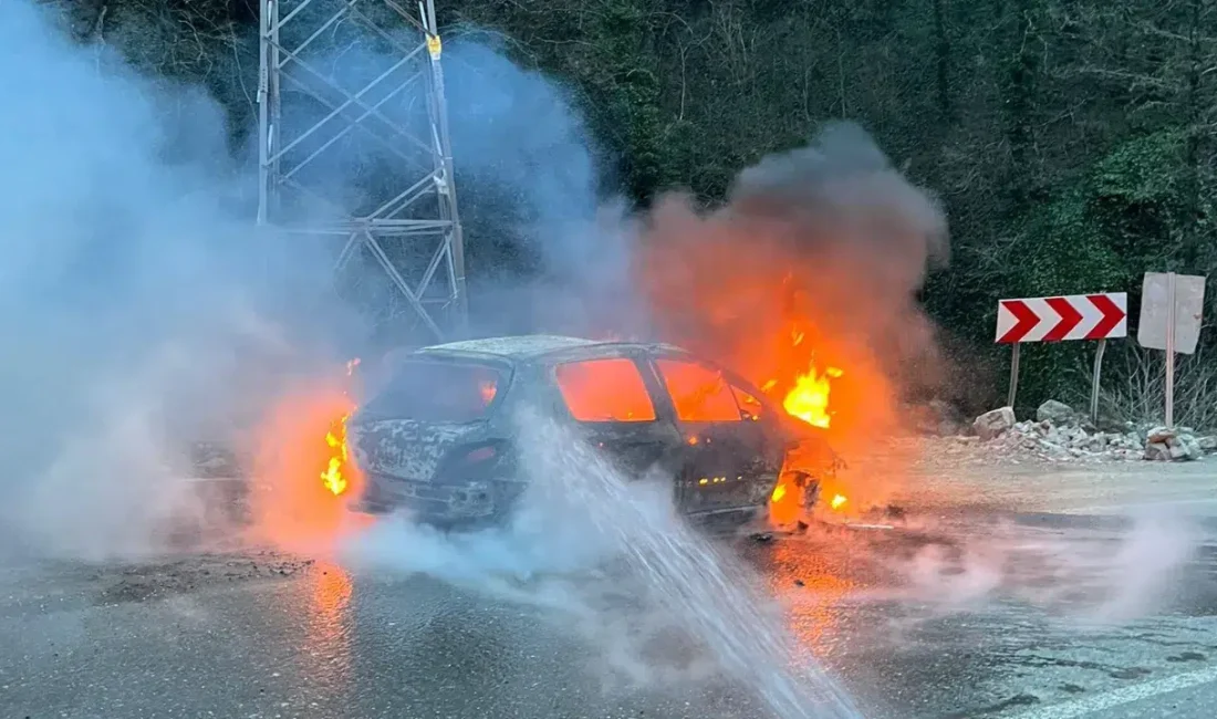 Artvin Borçka-Hopa karayolu üzerinde seyir halindeyken aniden yanmaya başlayan otomobil