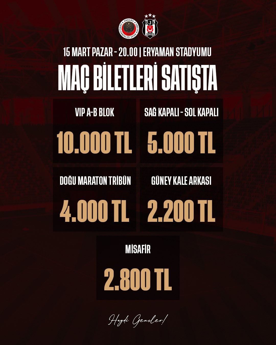 Gençlerbirliği Beşiktaş maçı biletleri ne kadar ve tribün fiyatları nasıl belirlendi