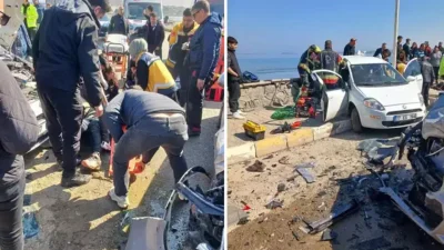 Balıkesir’in Ayvalık ilçesinde meydana gelen feci trafik kazasında iki otomobil