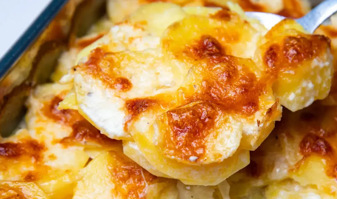 Patates graten, kremalı sosu ve üzerindeki kızarmış peyniriyle sofralara şıklık