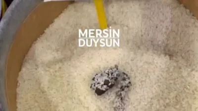 Mersin’in Toroslar ilçesinde bir markette açıkta satılan pirinçlerin üzerinde kedi