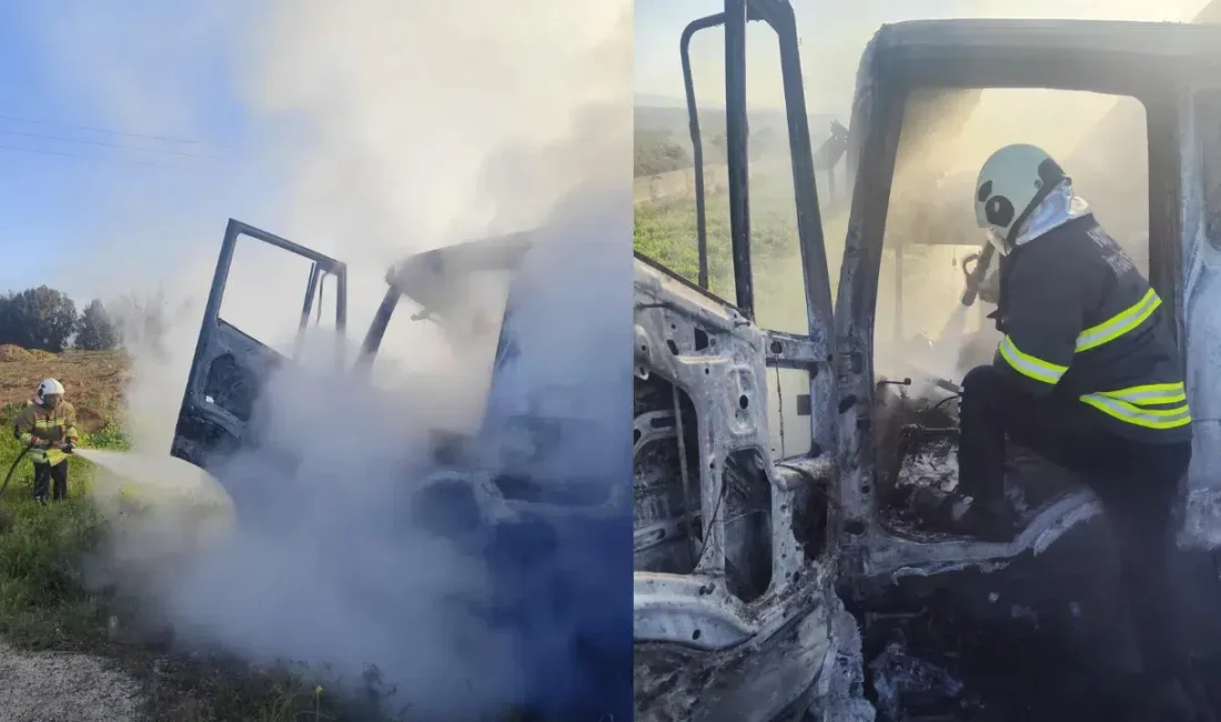 Hatay’ın Kırıkhan ilçesinde yolda ilerlediği sırada aniden yanmaya başlayan kamyon