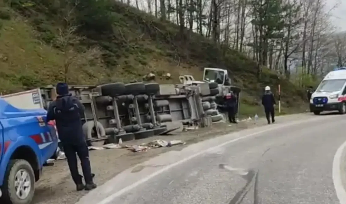 Bursa’nın İnegöl ilçesinde freni patlayan su yüklü tırın yamaca devrilmesi