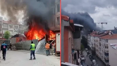 İstanbul Güngören’de yapımı devam eden bir okul inşaatında çıkan yangın