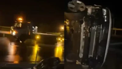 Van’ın Erciş ilçesinde yağış nedeniyle kayganlaşan yolda kontrolden çıkan bir