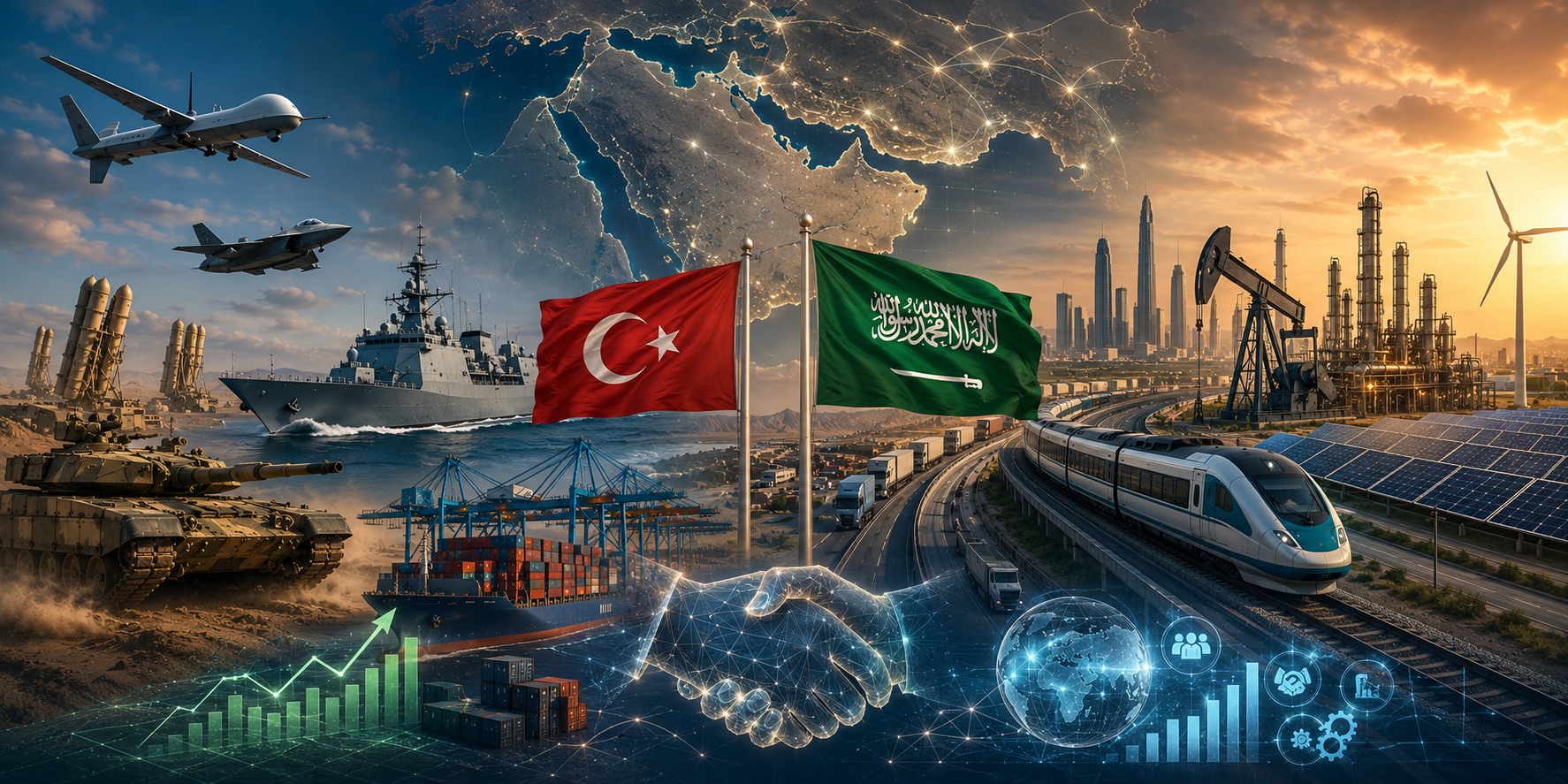 Savunma sanayi, ulaştırma projeleri, ekonomik işbirlikleri ve bölgesel angajmanlar. Türkiye