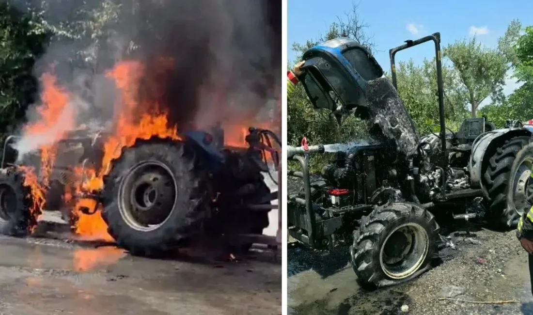 Hatay’ın Erzin ilçesinde bahçelerin arasında ilerleyen tanker takılı bir traktör,