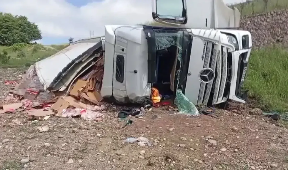 Amasya’nın Taşova ilçesinde kontrolden çıkan tavuk eti yüklü bir tır