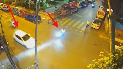 İstanbul Bahçelievler’de ara sokaktan aniden çıkan otomobile çarpmamak için hamle