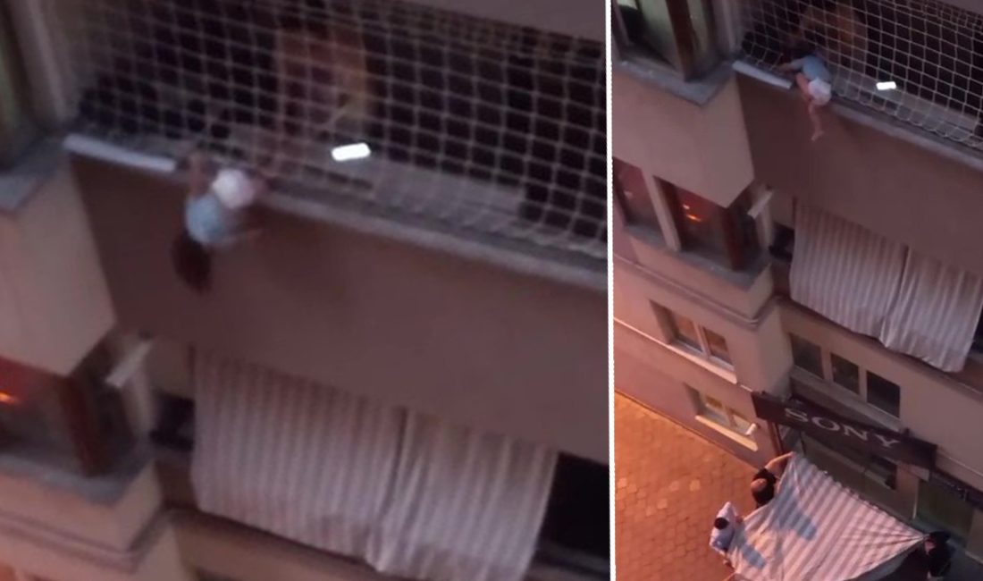 Denizli’de bir apartmanın balkon koruma filesine takılarak boşlukta asılı kalan